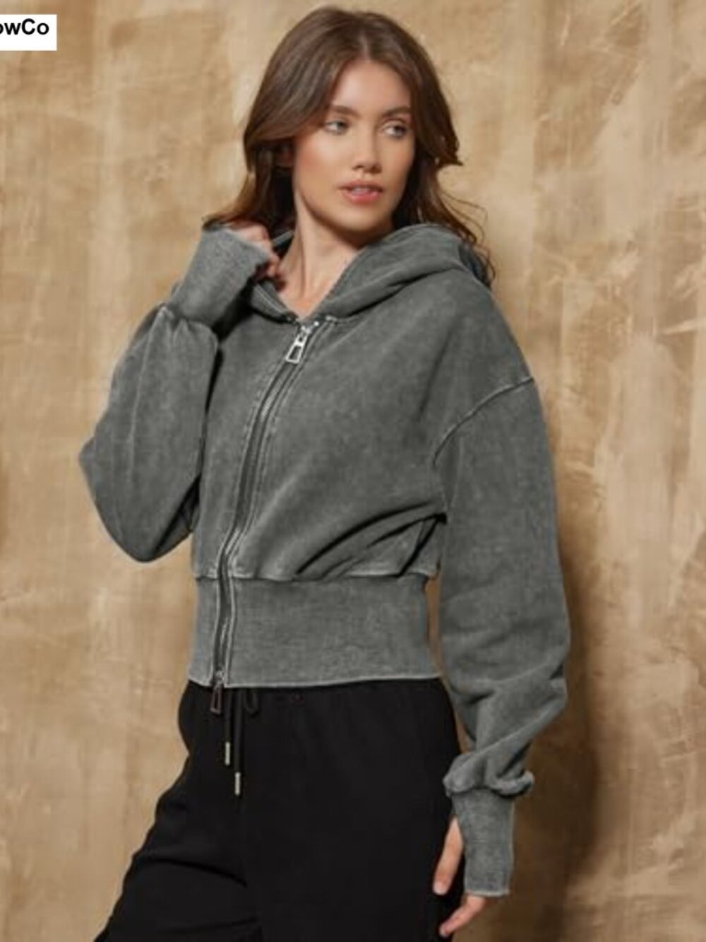 Washed Crop Zip Up Hoodie Long Sleeve Athletic Sweatshirt - Picture 3 of 6